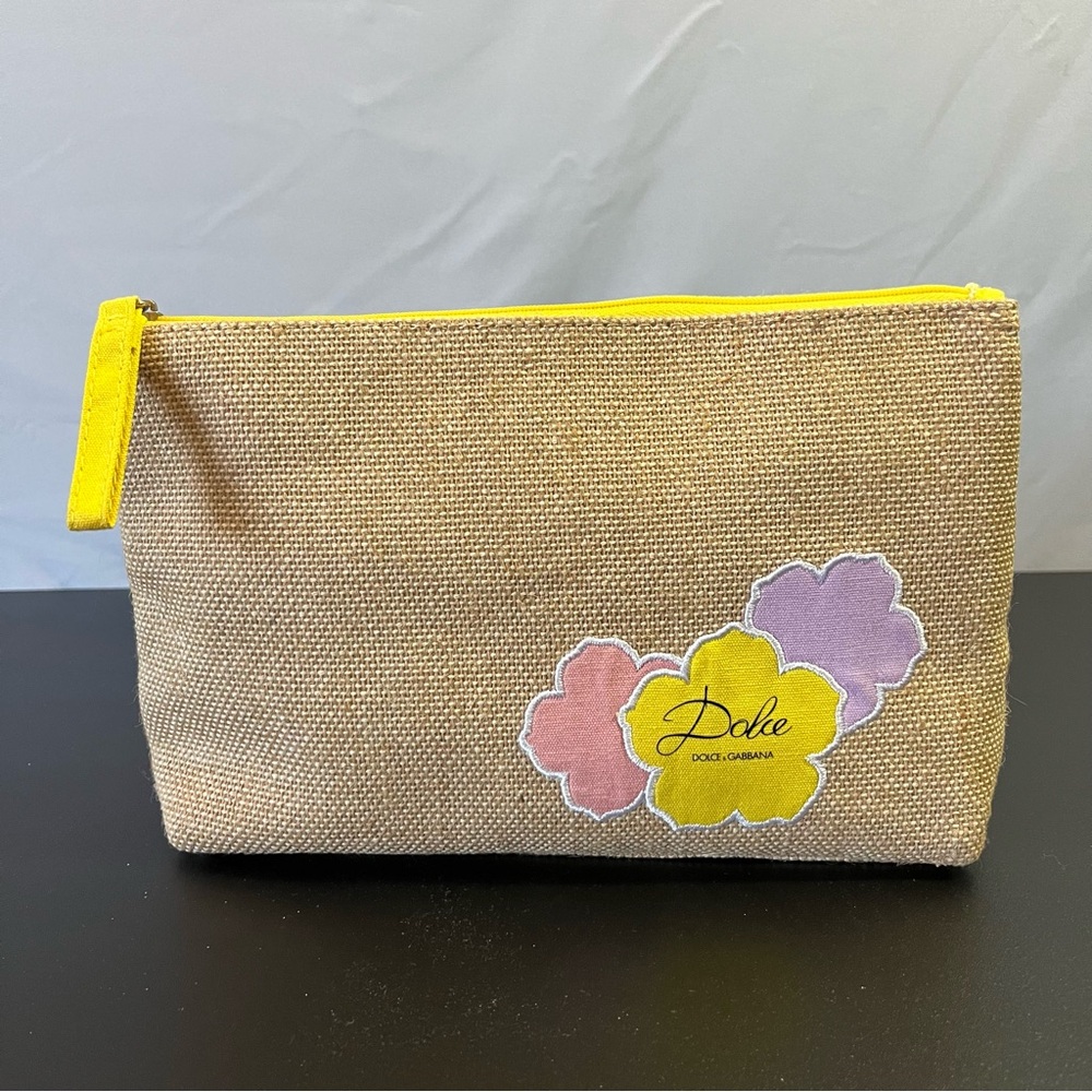 Dolce & Gabbana Beige Cosmetic Bag with Yellow and Purple Flowers